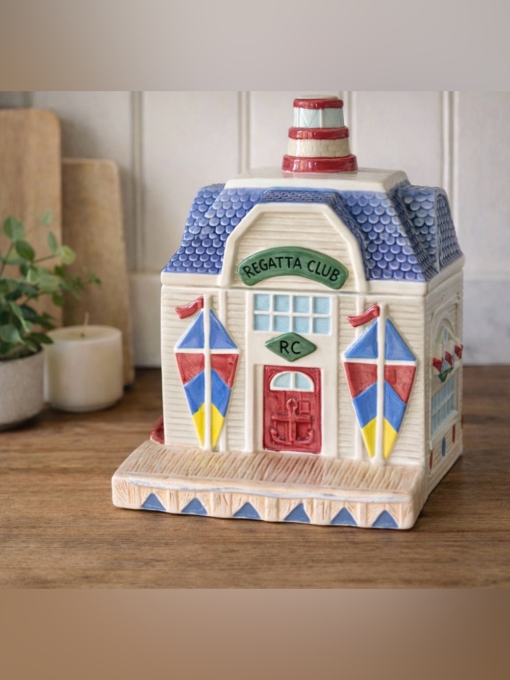 FITZ & FLOYD Regatta Club cookie jar featuring a charming nautical